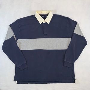 Vintage 90s GAP Varsity Rugby  Polo Long Sleeve Preppy Men’s Size XL Navy Blue